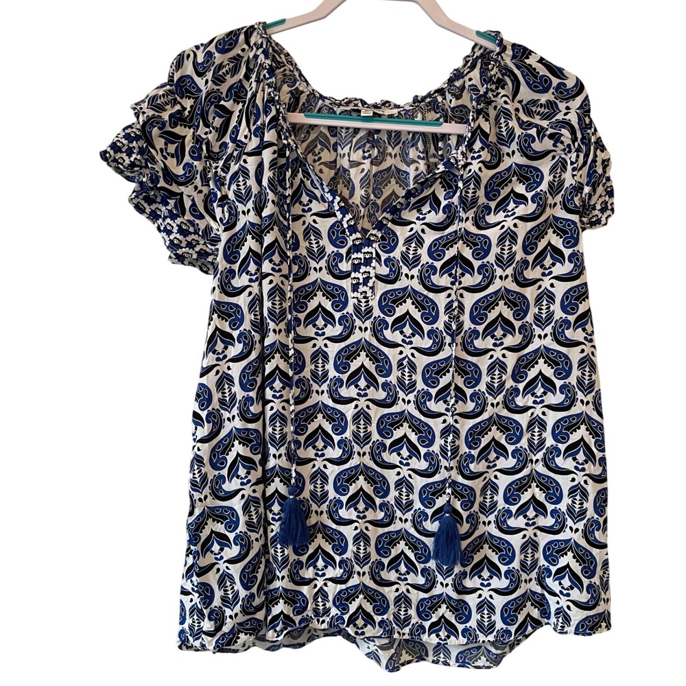 Rose + Olive Size 2X Blue Black Paisley Boho Peasant‎ Top Ruffle Short Sleeve
